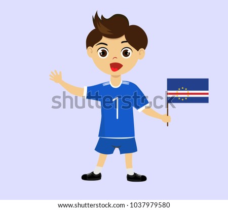 Fan of Cape Verde national football, hockey, basketball team, sports. Boy with Cape Verde flag in the colors of the national command with sports paraphernalia. Boy with Cape Verde flag in the form.