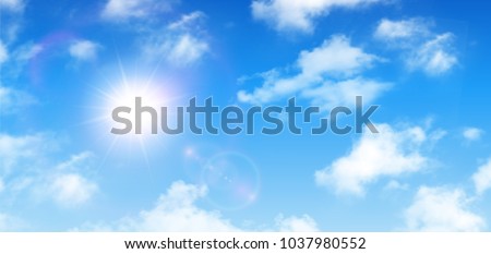 Sunny background, blue sky with white clouds and sun, vector illustration. Royalty-Free Stock Photo #1037980552