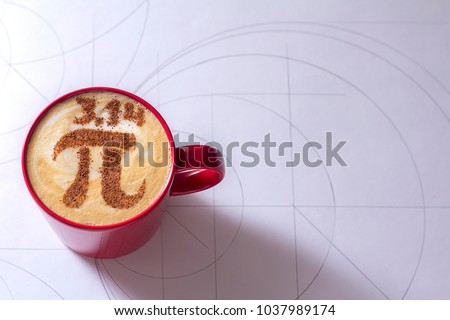 cappuccino in a red cup with a figure symbol of the number pi Royalty-Free Stock Photo #1037989174