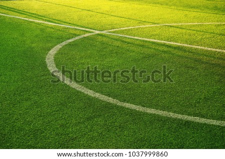 white circle line on green grass of football of soccer sport field with summer light background  Royalty-Free Stock Photo #1037999860