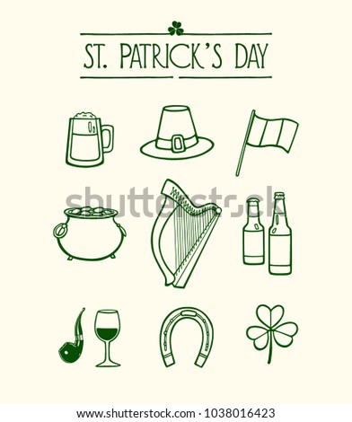 Vector graphic set of hand drawn St. Patrick's Day symbols. Beautiful ink drawing, perfect for Saint Patrick's Day design