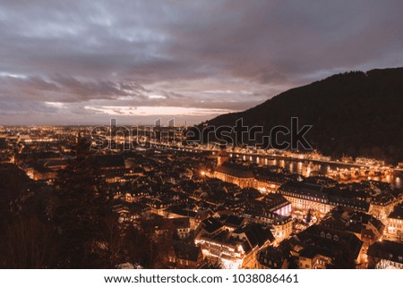 Heidelberg old town aerial night view from above in Germny