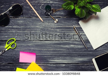 Office desktop with office accessories keys, phone, notes. Business workspace Mock up