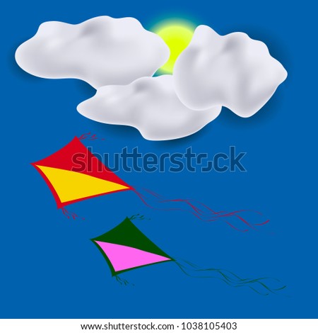 Raster Colored Kites Flying in Blue Sky with Sun and Clouds. Freedom Concept. Toy for Children