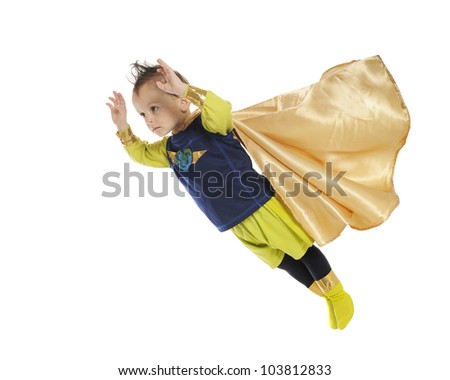 A serious preschool superhero, hands forward, cape blowing as he flies through space to perform a rescue.  On a white background.