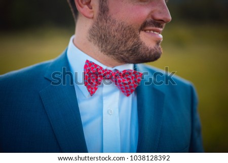 Preparing an elegant man with a red bowtie  and a blue suit Royalty-Free Stock Photo #1038128392