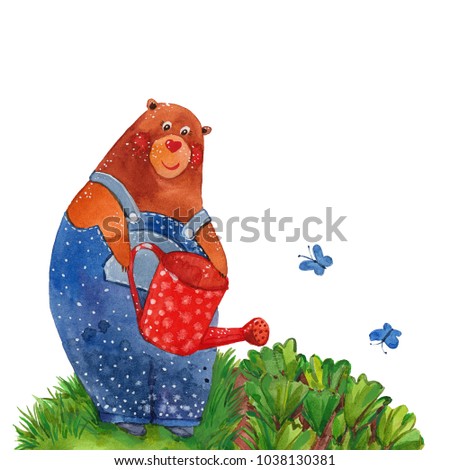 bear watering garden, watercolor illustration  on white background