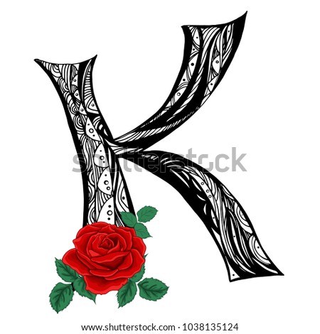 Elegant capital letter K in the style of the doodle. Black and white pattern with scarlet roses. To use monograms, logos, emblems and initials.