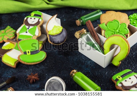 Homemade cookies for Patrick's day on concrete background