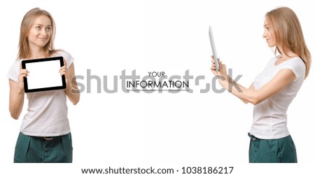 Beautiful young woman in a skirt and a white T-shirt with a tablet set pattern on a white background isolated