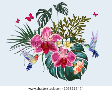 Beautiful floral exotic vector illustration with hummingbirds, tropical leaves, hibiscus, tropical flowers, butterflies. Isolated on white background
