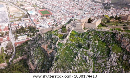Aerial drone photo from picturesque and famous fortress of Palamidi with views to iconic city of Nafplio former capital of Greece, Argolida, Peloponnese 