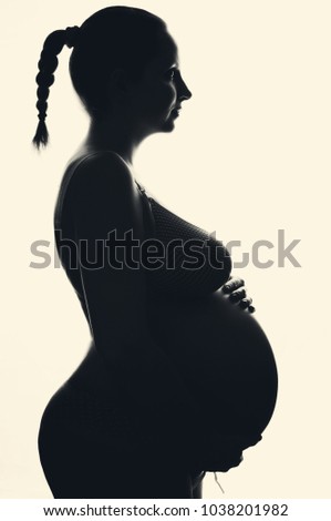 silhouette of a pregnant, girl holding a cat