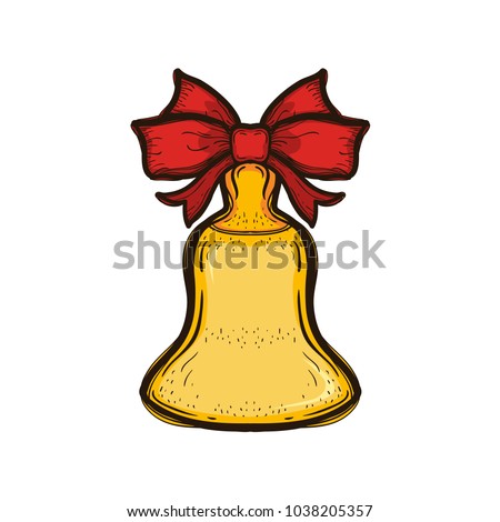 Gold retro school bell with red bow isolated on white. Hand drawn illustration equipment for education. Art College supplies