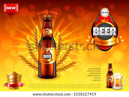 Beer ads. Bottle and wheats on gold bokeh background. 3d illustration and design