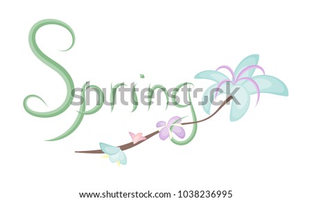 Spring banner with leaf lettering and exotic blooming. Template vector illustration for holiday greeting card. Isolated on white background. Simple design without effects. Poster flyer copyspace. 