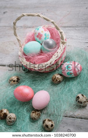 Easter eggs on wooden, Painted Easter eggs on old boards , Easter background 