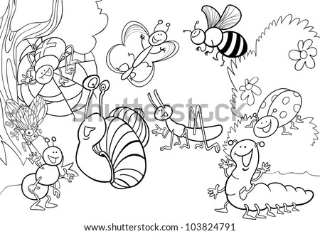 cartoon illustration of funny insects on the meadow for coloring book
