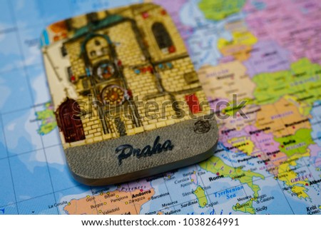 Souvenir from Prague magnet on the map of Europe