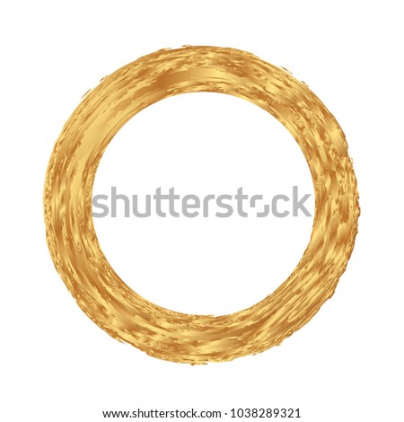 Circle gold frame. Round border painted with brush strokes. Clip art for your design.
