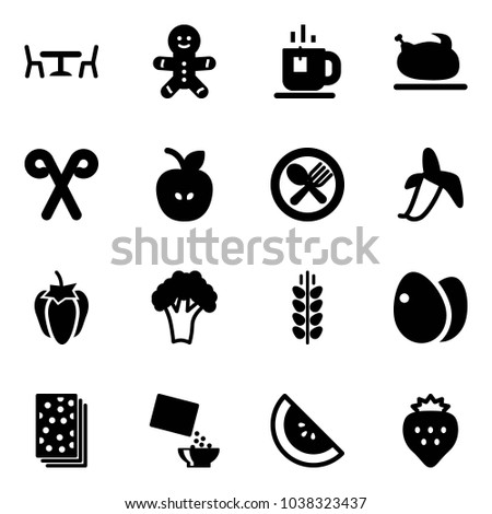 Solid vector icon set - cafe vector, cake man, tea, turkey, santa stick, apple, fork spoon plate, banana, sweet pepper, broccoli, spica, eggs, breads, cereal, watermelone, strawberry