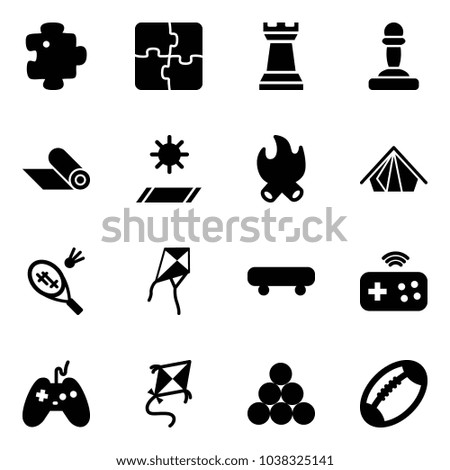 Solid vector icon set - puzzle vector, chess tower, pawn, mat, fire, tent, badminton, kite, skateboard, joystick wireless, billiards balls, football