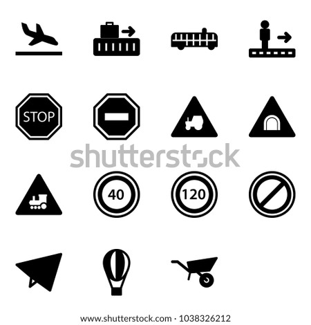Solid vector icon set - arrival vector, baggage, airport bus, travolator, stop road sign, no way, tractor, tunnel, railway intersection, speed limit 40, 120, parking, paper fly, air balloon