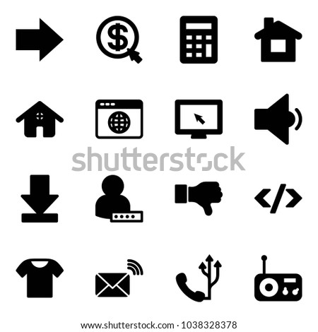 Solid vector icon set - right arrow vector, money click, calculator, home, browser globe, monitor cursor, low volume, download, user password, dislike, tag code, t shirt, wireless mail, phone, radio