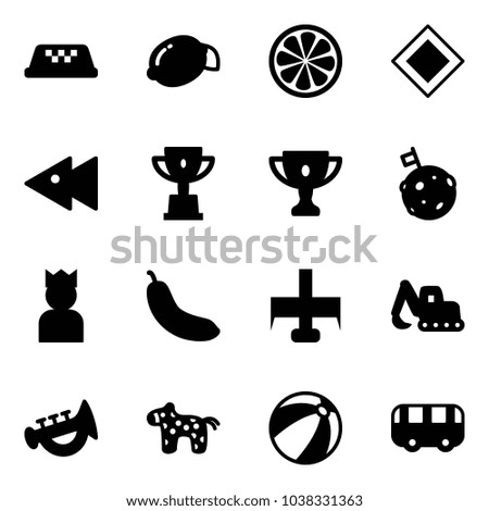 Solid vector icon set - taxi vector, lemon, slice, main road sign, fast backward, win cup, gold, moon flag, king, banana, milling cutter, excavator toy, horn, horse, beach ball, bus