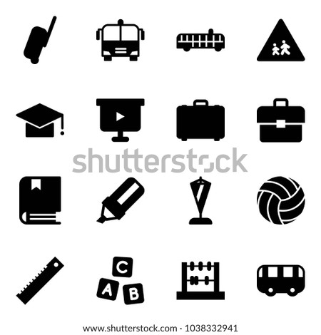 Solid vector icon set - suitcase vector, airport bus, children road sign, graduate hat, presentation board, case, portfolio, book, highlight marker, pennant, volleyball, ruler, abc cube, abacus, toy