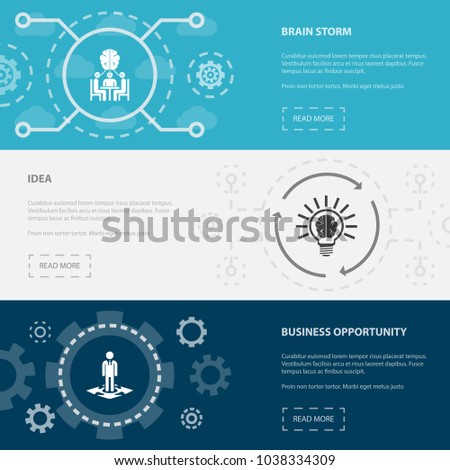 Entrepreneurship 3 horizontal webpage banners template with Brain storm, Idea, Business opportunity concept. Flat modern isolated icons illustration.