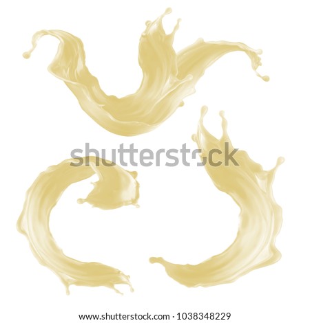 3d render, abstract liquid, smooth pastel splashes, vanilla smoothie drink, yellow wavy jets, food ingredients, butter, creamy cosmetics fluid, isolated splashing clip art set