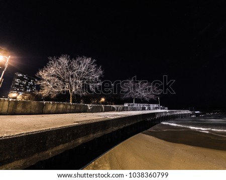Beautiful landscape photograph of the curved concrete lakefront barrier at foster beach at night with trees, sandy beach, and water from waves rolling in from Lake Michigan and dark night sky above.