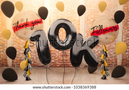 10k or 10,000 followers thank you with brilliant Balloons background. For your Celebration and Appreciation for social Network friends, Web user Thank you or celebrate of subscriber, follower, like Royalty-Free Stock Photo #1038369388