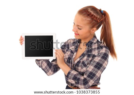 young girl shows a tablet screen, on a white background