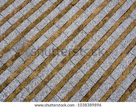 Top view of Japan footpath tiles. - Thin rectangle brick then empty space for grass.