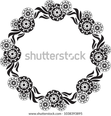 Black and white round frame with floral silhouettes. Copy space. Vector clip art.