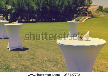Outdoors arrangement for special day. Party, Wedding Ceremony space decorated lifestyle on the sunny day background