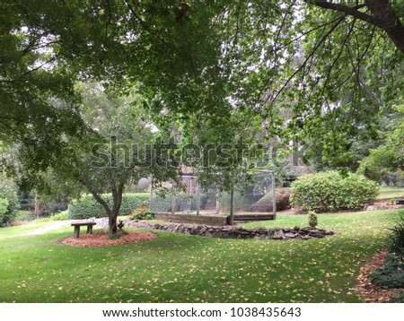 Beautiful garden with bench under tree