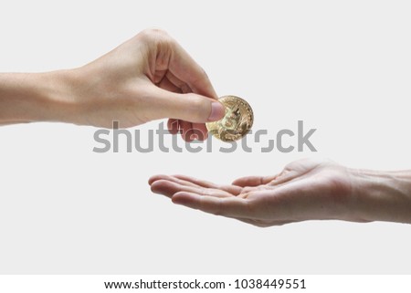 pay bitcoin, hand use bitcoin digital technology on a white background, currency blockchain technology concept