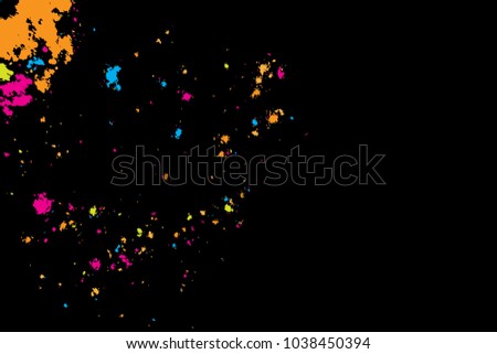 Paint splatter background. Colourful explosion of paints. Grainy textured holiday birthday design for greeting cards and craft paper template visuals. Vector.