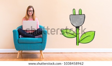 Eco Plug with young woman using her laptop in a chair