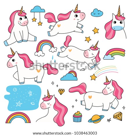 Set of cute cartoon unicorn doodle element