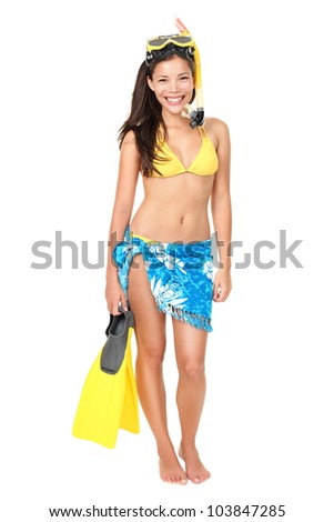 Vacation woman isolated standing in bikini beach wear wearing snorkel holding snorkeling fins standing isolated on white in full body. Mixed race Asian / Caucasian woman model.