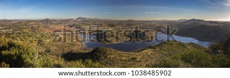 
Wide Scenic Panoramic Landscape View of Lake Hodges and San Diego County North Inland from summit of Bernardo Mountain Peak in Poway California