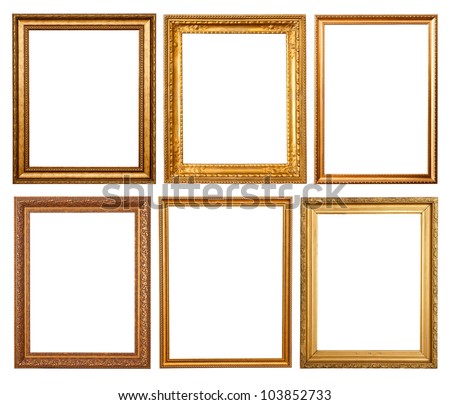 Set of 6 gold frames. Isolated over white background