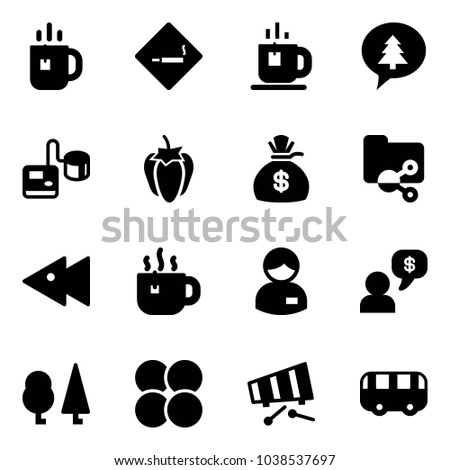 Solid vector icon set - tea vector, smoking area sign, merry christmas message, tonometer, sweet pepper, money bag, shared folder, fast backward, hot, manager, dialog, forest, atom core, xylophone