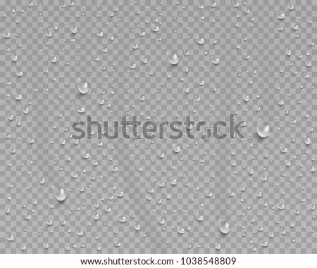 Drops of water, dew falls. Rain or shower drops isolated on transparent background. Realistic pure water droplets condensed. Vector clear vapor bubbles on window glass surface for your design. Royalty-Free Stock Photo #1038548809