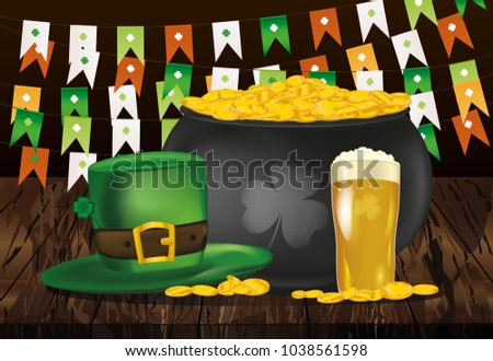 Pot of gold coins against the background of green flags. Hat and beer for St. Patrick's Day. Invitation or greeting card for the holiday. Free space for text or advertising. Vector.