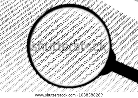 An Ethereum cryptocurrency concept image consisting of a magnifying glass, digital code and the words, "ETHEREUM".